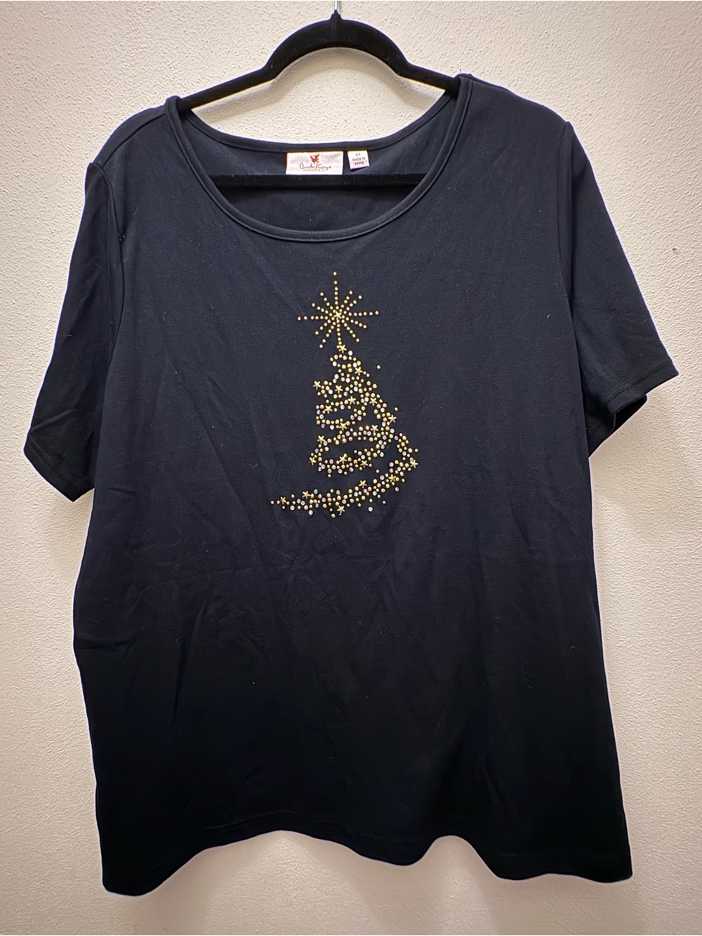 Women's Black Short-Sleeve Tee with Gold Stud Christmas Tree